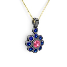 Elmas Çiçek Kolye - Lab safir ve pembe kuvars 925 ayar siyah rodyum kaplama gümüş kolye (40 cm altın rolo zincir) #1ausbct