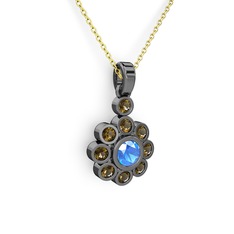 Elmas Çiçek Kolye - Dumanlı kuvars ve akuamarin 925 ayar siyah rodyum kaplama gümüş kolye (40 cm altın rolo zincir) #1b8iy7c