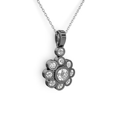 Elmas Çiçek Kolye - Beyaz zirkon ve swarovski 925 ayar siyah rodyum kaplama gümüş kolye (40 cm beyaz altın rolo zincir) #1bkqds0