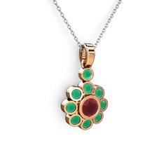 Kök zümrüt ve kök yakut 14 ayar rose altın kolye (40 cm beyaz altın rolo zincir)
