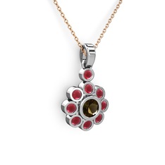 Kök yakut ve dumanlı kuvars 18 ayar beyaz altın kolye (40 cm rose altın rolo zincir)