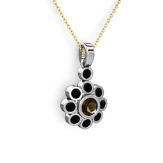 Elmas Çiçek Kolye - Siyah zirkon ve dumanlı kuvars 14 ayar beyaz altın kolye (40 cm gümüş rolo zincir) #1eskjy4