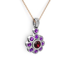 Elmas Çiçek Kolye - Ametist ve rodolit garnet 14 ayar beyaz altın kolye (40 cm rose altın rolo zincir) #1f899si