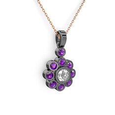 Elmas Çiçek Kolye - Ametist ve beyaz zirkon 925 ayar siyah rodyum kaplama gümüş kolye (40 cm rose altın rolo zincir) #1fjsg0z