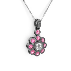 Pembe kuvars ve swarovski 925 ayar siyah rodyum kaplama gümüş kolye (40 cm gümüş rolo zincir)
