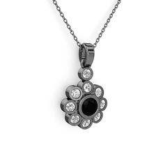 Elmas Çiçek Kolye - Beyaz zirkon ve siyah zirkon 925 ayar siyah rodyum kaplama gümüş kolye (40 cm gümüş rolo zincir) #1hkjm6p
