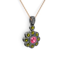 Peridot ve pembe kuvars 925 ayar siyah rodyum kaplama gümüş kolye (40 cm gümüş rolo zincir)