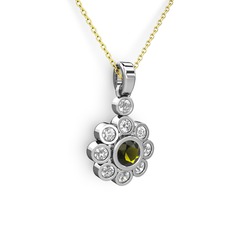 Elmas Çiçek Kolye - Pırlanta ve peridot 14 ayar beyaz altın kolye (0.54 karat, 40 cm gümüş rolo zincir) #1ho9ccx