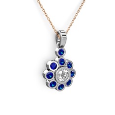 Lab safir ve swarovski 925 ayar gümüş kolye (40 cm rose altın rolo zincir)