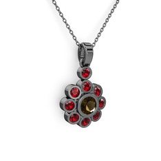 Elmas Çiçek Kolye - Garnet ve dumanlı kuvars 925 ayar siyah rodyum kaplama gümüş kolye (40 cm gümüş rolo zincir) #1in5st1