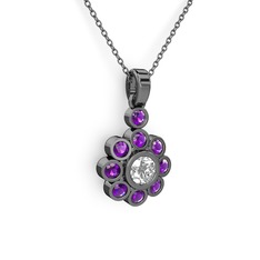 Elmas Çiçek Kolye - Ametist ve beyaz zirkon 925 ayar siyah rodyum kaplama gümüş kolye (40 cm gümüş rolo zincir) #1j2nfzm