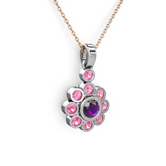 Pembe kuvars ve ametist 14 ayar beyaz altın kolye (40 cm rose altın rolo zincir)