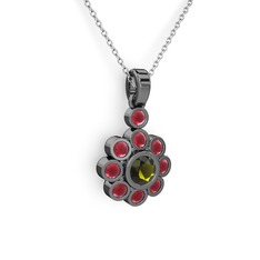 Elmas Çiçek Kolye - Kök yakut ve peridot 925 ayar siyah rodyum kaplama gümüş kolye (40 cm beyaz altın rolo zincir) #1jkd8tb