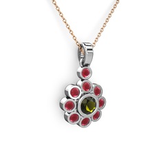 Elmas Çiçek Kolye - Kök yakut ve peridot 14 ayar beyaz altın kolye (40 cm rose altın rolo zincir) #1jn2r9u