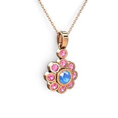 Pembe kuvars ve akuamarin 18 ayar rose altın kolye (40 cm rose altın rolo zincir)