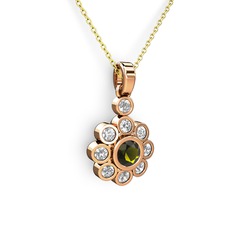 Elmas Çiçek Kolye - Elmas ve peridot 8 ayar rose altın kolye (0.54 karat, 40 cm gümüş rolo zincir) #1kc3e5p