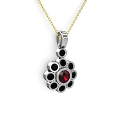 Elmas Çiçek Kolye - Siyah zirkon ve rodolit garnet 18 ayar beyaz altın kolye (40 cm altın rolo zincir) #1l5ltp3