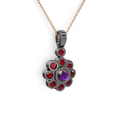 Elmas Çiçek Kolye - Garnet ve ametist 925 ayar siyah rodyum kaplama gümüş kolye (40 cm rose altın rolo zincir) #1lix0g5