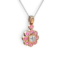 Pembe kuvars ve beyaz zirkon 18 ayar rose altın kolye (40 cm beyaz altın rolo zincir)