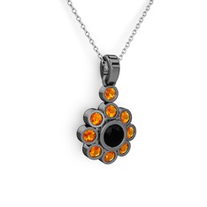 Elmas Çiçek Kolye - Sitrin ve siyah zirkon 925 ayar siyah rodyum kaplama gümüş kolye (40 cm gümüş rolo zincir) #1m65gyg