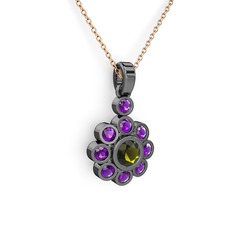 Elmas Çiçek Kolye - Ametist ve peridot 925 ayar siyah rodyum kaplama gümüş kolye (40 cm rose altın rolo zincir) #1mumt6t