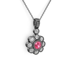 Beyaz zirkon ve pembe kuvars 925 ayar siyah rodyum kaplama gümüş kolye (40 cm gümüş rolo zincir)