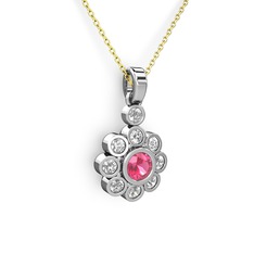 Elmas Çiçek Kolye - Pırlanta ve pembe kuvars 14 ayar beyaz altın kolye (0.54 karat, 40 cm altın rolo zincir) #1okguiz