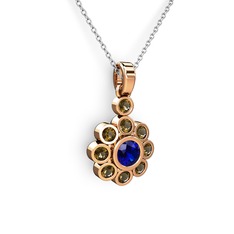 Elmas Çiçek Kolye - Dumanlı kuvars ve lab safir 8 ayar rose altın kolye (40 cm gümüş rolo zincir) #1or4jox