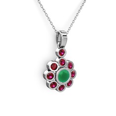 Elmas Çiçek Kolye - Rodolit garnet ve kök zümrüt 14 ayar beyaz altın kolye (40 cm beyaz altın rolo zincir) #1pcgd5x