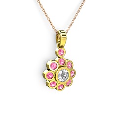 Elmas Çiçek Kolye - Pembe kuvars ve elmas 8 ayar altın kolye (0.5 karat, 40 cm rose altın rolo zincir) #1pdv1bj