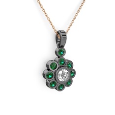 Elmas Çiçek Kolye - Yeşil kuvars ve elmas 925 ayar siyah rodyum kaplama gümüş kolye (0.5 karat, 40 cm gümüş rolo zincir) #1q942c1
