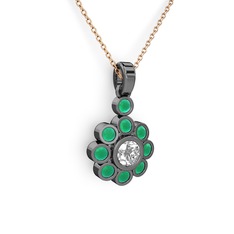 Elmas Çiçek Kolye - Kök zümrüt ve elmas 925 ayar siyah rodyum kaplama gümüş kolye (0.5 karat, 40 cm gümüş rolo zincir) #1qaswro