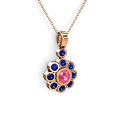Elmas Çiçek Kolye - Lab safir ve pembe kuvars 14 ayar rose altın kolye (40 cm rose altın rolo zincir) #1qom4e3