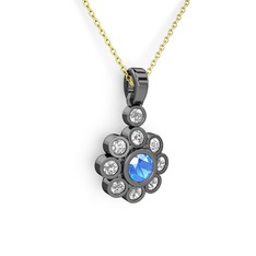 Pırlanta ve akuamarin 925 ayar siyah rodyum kaplama gümüş kolye (0.54 karat, 40 cm altın rolo zincir)