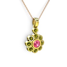 Elmas Çiçek Kolye - Peridot ve pembe kuvars 14 ayar altın kolye (40 cm rose altın rolo zincir) #1s3ratj
