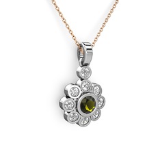 Elmas Çiçek Kolye - Beyaz zirkon ve peridot 14 ayar beyaz altın kolye (40 cm rose altın rolo zincir) #1se4w50