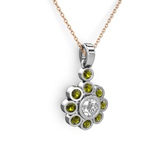 Elmas Çiçek Kolye - Peridot ve beyaz zirkon 925 ayar gümüş kolye (40 cm rose altın rolo zincir) #1tc2gg