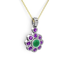 Elmas Çiçek Kolye - Ametist ve kök zümrüt 14 ayar beyaz altın kolye (40 cm altın rolo zincir) #1tjj70h