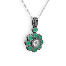 Elmas Çiçek Kolye - Kök zümrüt ve elmas 925 ayar siyah rodyum kaplama gümüş kolye (0.5 karat, 40 cm beyaz altın rolo zincir) #1uk39dc