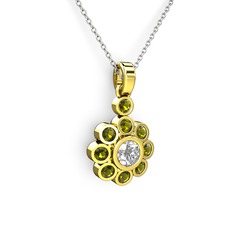 Elmas Çiçek Kolye - Peridot ve elmas 14 ayar altın kolye (0.5 karat, 40 cm beyaz altın rolo zincir) #1v9nkzk