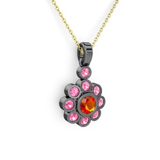 Elmas Çiçek Kolye - Pembe kuvars ve sitrin 925 ayar siyah rodyum kaplama gümüş kolye (40 cm altın rolo zincir) #1w89xk7