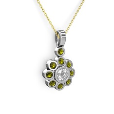 Elmas Çiçek Kolye - Peridot ve elmas 18 ayar beyaz altın kolye (0.5 karat, 40 cm altın rolo zincir) #1wbw1hm