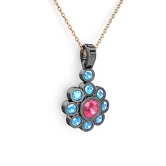 Elmas Çiçek Kolye - Akuamarin ve pembe kuvars 925 ayar siyah rodyum kaplama gümüş kolye (40 cm rose altın rolo zincir) #1wg21wy