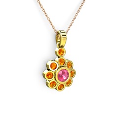 Sitrin ve pembe kuvars 8 ayar altın kolye (40 cm rose altın rolo zincir)
