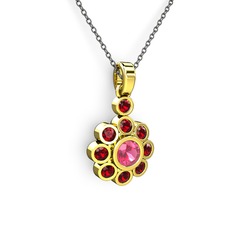 Elmas Çiçek Kolye - Garnet ve pembe kuvars 14 ayar altın kolye (40 cm gümüş rolo zincir) #1y972bm