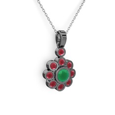 Elmas Çiçek Kolye - Kök yakut ve kök zümrüt 925 ayar siyah rodyum kaplama gümüş kolye (40 cm beyaz altın rolo zincir) #1yptwuk
