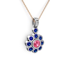 Lab safir ve pembe kuvars 14 ayar beyaz altın kolye (40 cm rose altın rolo zincir)