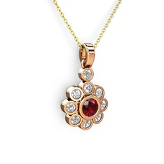 Elmas Çiçek Kolye - Pırlanta ve garnet 18 ayar rose altın kolye (0.54 karat, 40 cm altın rolo zincir) #24co0u