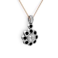 Elmas Çiçek Kolye - Siyah zirkon ve elmas 18 ayar beyaz altın kolye (0.5 karat, 40 cm rose altın rolo zincir) #25z6am
