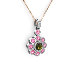 Elmas Çiçek Kolye - Pembe kuvars ve peridot 14 ayar beyaz altın kolye (40 cm gümüş rolo zincir) #2st5uk